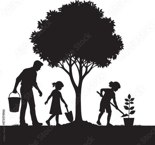 Man and kid planting tree silhouette, vector black color silhouette