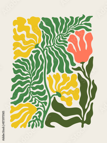 Floral Abstract contemporary poster. Groovy Modern style art in trendy bright...