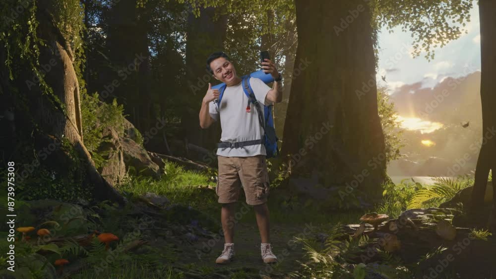Full Body Of Asian Male Hiker With Mountaineering Backpack Showing Peace And Thumbs Up Gesture While Taking A Selfie While Exploring Forest Nature Full Body Of Asian Male Hiker With Mountaineering Backpack Showing Peace And Thumbs Up Gesture While Taking A Selfie While Exploring Forest Nature