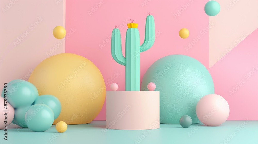 Cactus with Geometric Shapes in a Colorful Setting