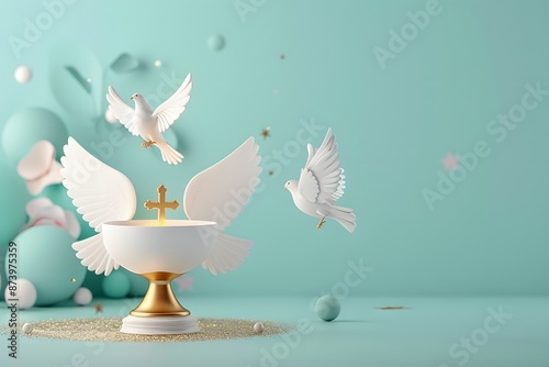 Elegant white doves and a golden chalice create a serene and spiritual atmosphere. photo