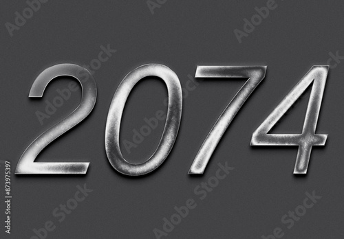 Chrome metal 3D number design of 2074 on grey background.