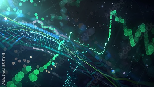 Stock market graph in blue and green colors on a dark background, showcasing financial analysis and planning with charts and graphs, set against an abstract digital backdrop to emphasize its role in b