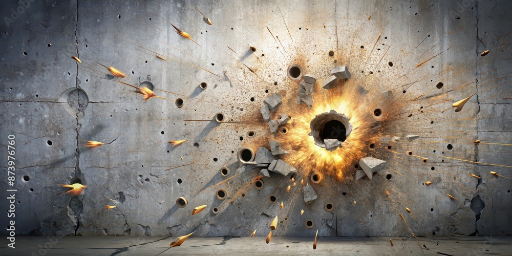 Explosion breaking through a concrete wall creating bullet holes and ...