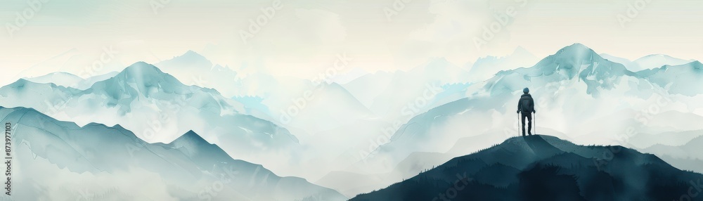 Health journey, person hiking in mountains, adventurous and healthy, Watercolor style Health journey, person hiking in mountains, adventurous and healthy, Watercolor style