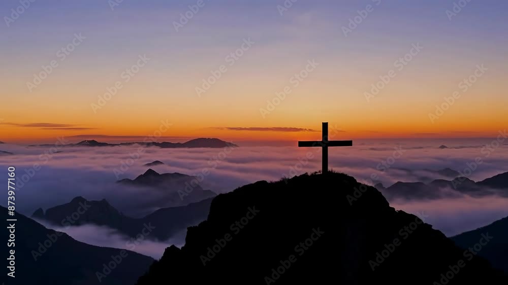 Serene mountain sunrise with silhouette of a cross Serene mountain sunrise with silhouette of a cross