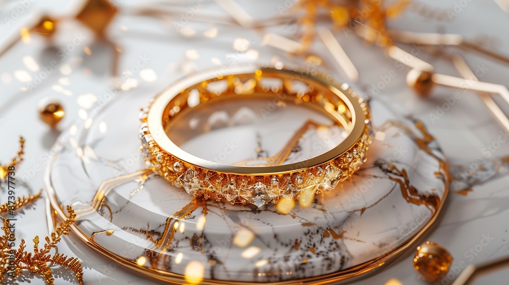 Golden ring with a marble white background, surrounded by geometric patterns, shimmering gold accents. Ultra HD quality. Golden ring with a marble white background, surrounded by geometric patterns, shimmering gold accents. Ultra HD quality.