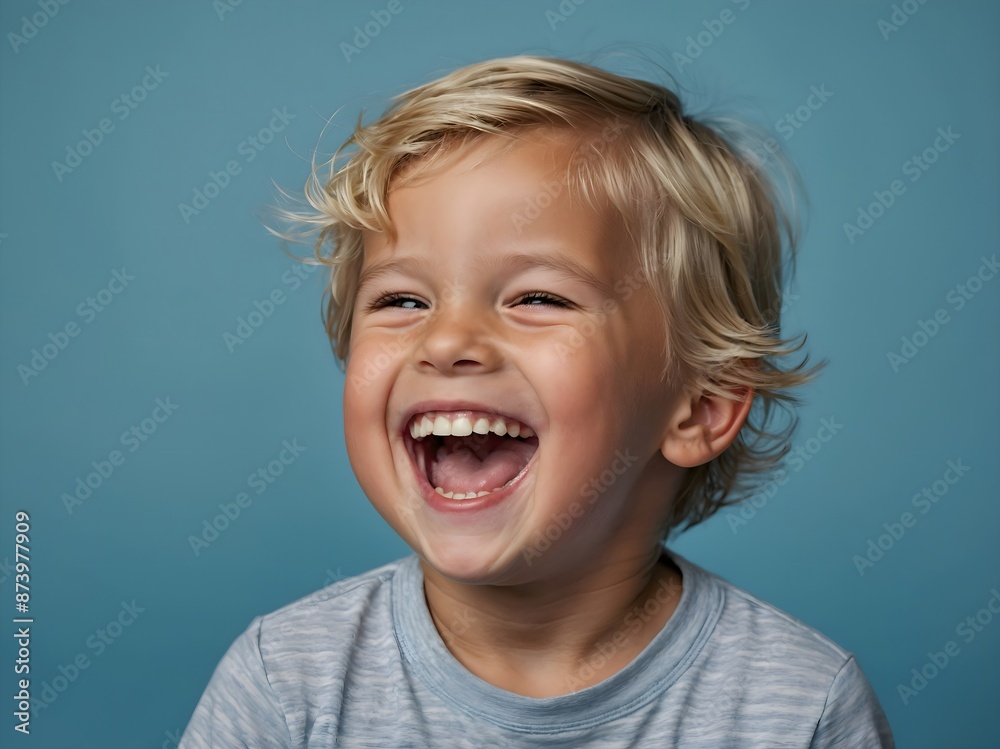 Portrait of a blond little boy laughing, blue background with copy space Portrait of a blond little boy laughing, blue background with copy space