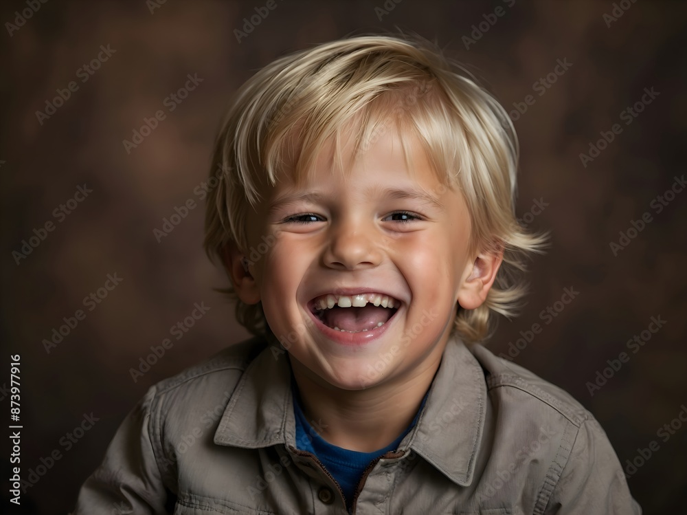Portrait of a blond little boy laughing, brown background with copy space Portrait of a blond little boy laughing, brown background with copy space