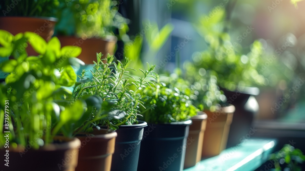 Potted herbs in a sunlit garden setting Potted herbs in a sunlit garden setting