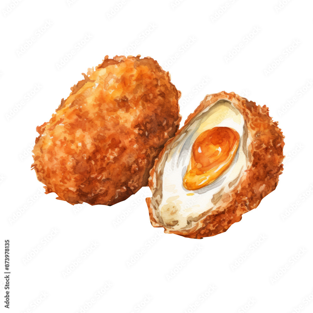Watercolour illustration of British Food Scotch Eggs on a White background. Watercolour illustration of British Food Scotch Eggs on a White background.