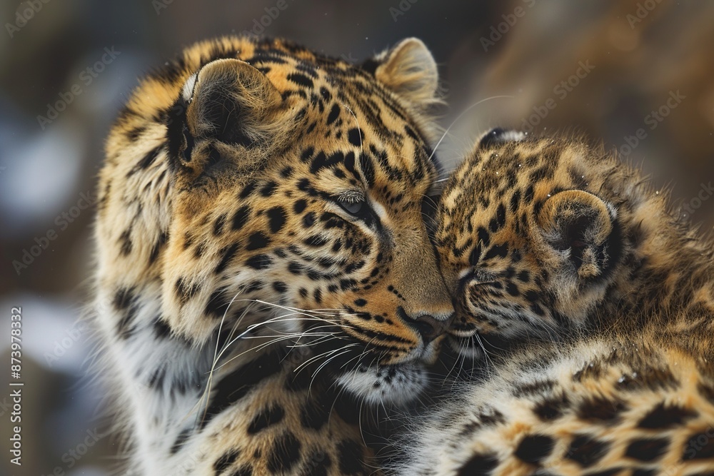 Obraz premium Female Leopard with her cub cuddling. Ai generative