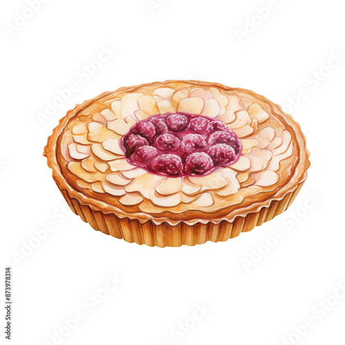 Watercolour illustration of British Food Bakewell Tart on a White background.