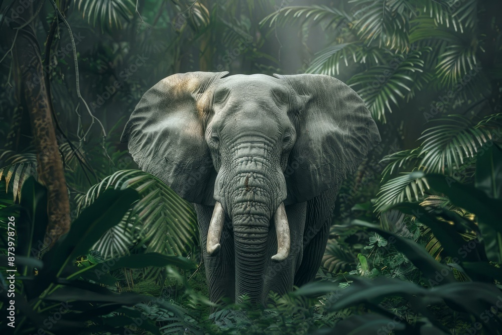 Fototapeta premium Serene elephant stands amidst dense jungle foliage, conveying the beauty of wildlife