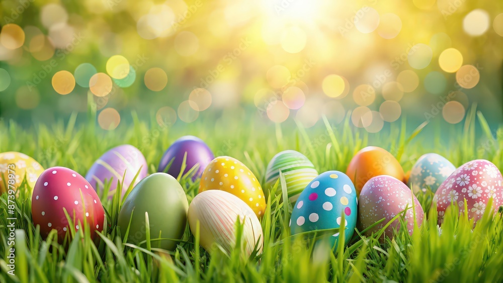 Background with colorful Easter eggs scattered on a grassy field, Easter, eggs, colorful, background, spring, holiday, celebration Background with colorful Easter eggs scattered on a grassy field, Easter, eggs, colorful, background, spring, holiday, celebration