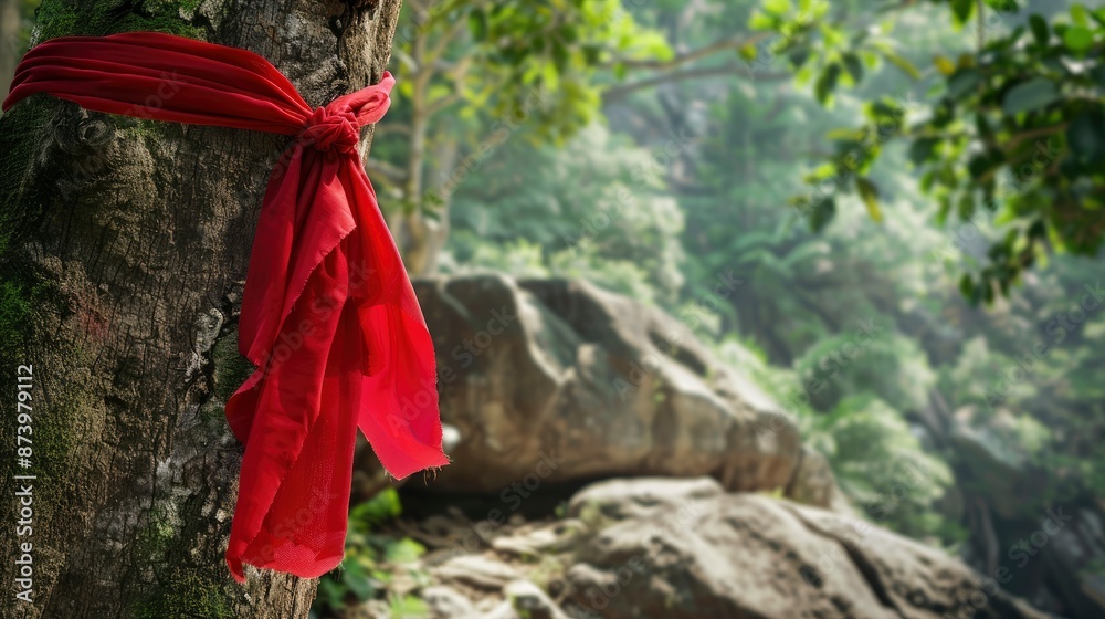 Red Cloth Tied To A Tree With Messages, At Khao Khitchakut National Park, Symbolizing Wishes And Prayers Red Cloth Tied To A Tree With Messages, At Khao Khitchakut National Park, Symbolizing Wishes And Prayers