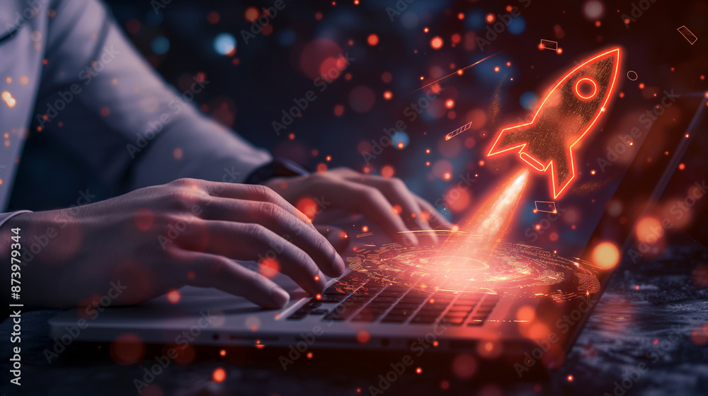 Fototapeta premium Startup business concept, Businessman use laptop with virtual screen of rocket icon and up arrow for fast start up business. Strategic planning and business success