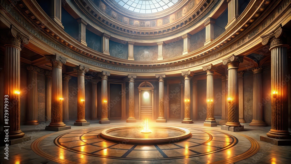 Captivating CG rendering of a circular ancient temple interior with dramatic lighting, temple, ancient, circular Captivating CG rendering of a circular ancient temple interior with dramatic lighting, temple, ancient, circular