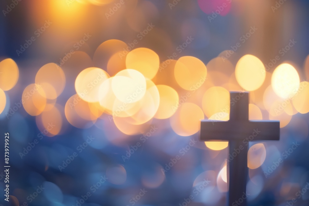 Wooden Christian Cross out of focus with a soft bokeh lights background Wooden Christian Cross out of focus with a soft bokeh lights background