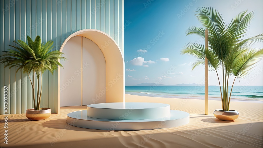 Fototapeta premium Abstract minimal display podium with summer beach scene for product presentation, render, abstract, minimal, display