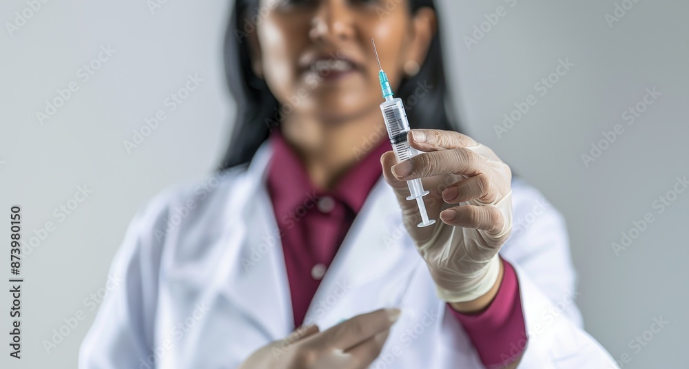 An Indian female doctor holds a syringe focusing on her hand and the needle illustrating healthcare and medical expertise An Indian female doctor holds a syringe focusing on her hand and the needle illustrating healthcare and medical expertise