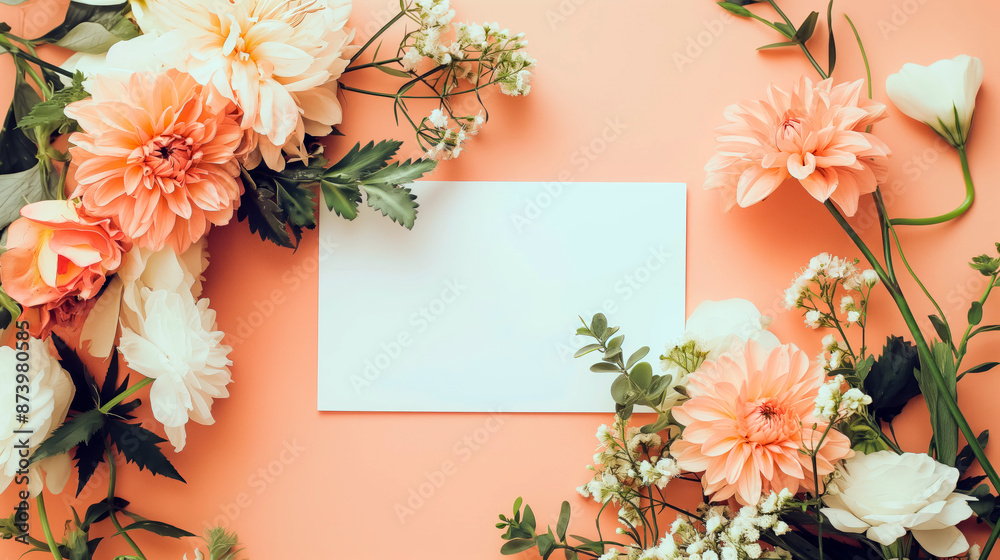 Obraz premium Flat lay of beautiful flowers over orange background and blank card for invitation. Mother's day, Valentine's day or wedding concept. Mock up template with space for text or product.