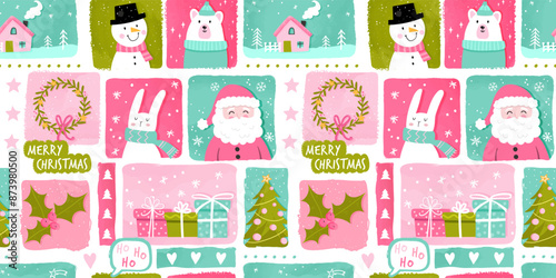 Lovely christmas seamless pattern, cute characters and decoration, great for wrapping paper, textiles, banners, wallpapers - vector design