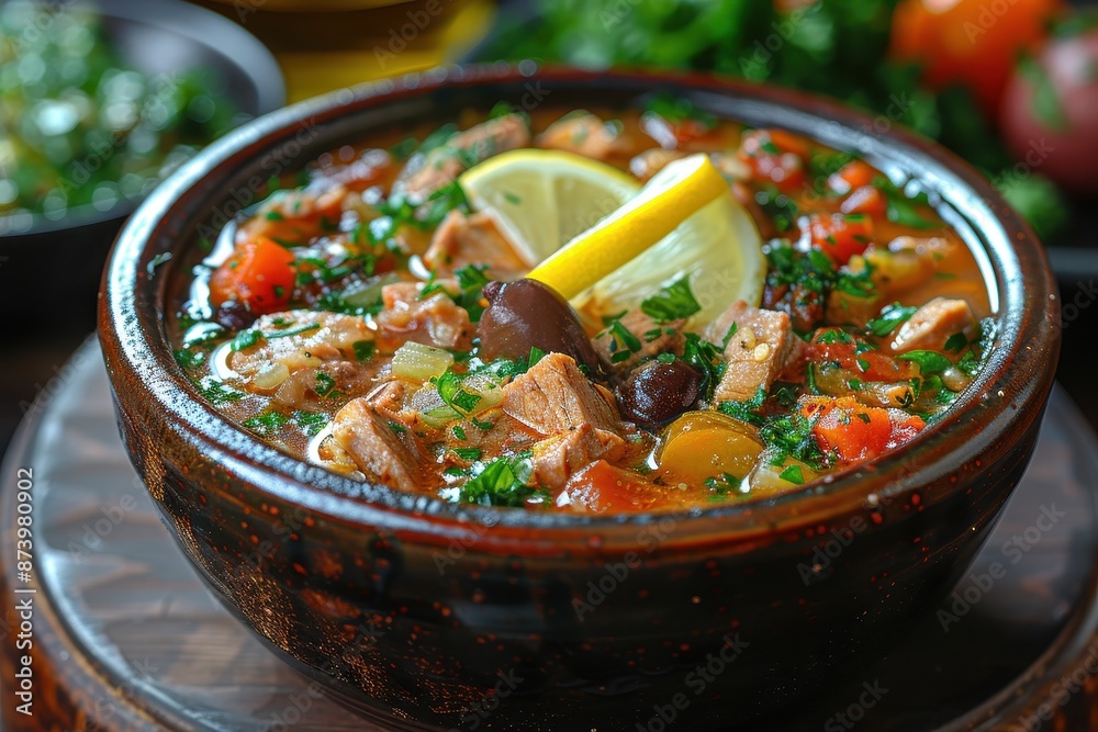A bowl of solyanka, a hearty soup with a variety of meats, olives, pickles, and a slice of lemon on top. A bowl of solyanka, a hearty soup with a variety of meats, olives, pickles, and a slice of lemon on top.