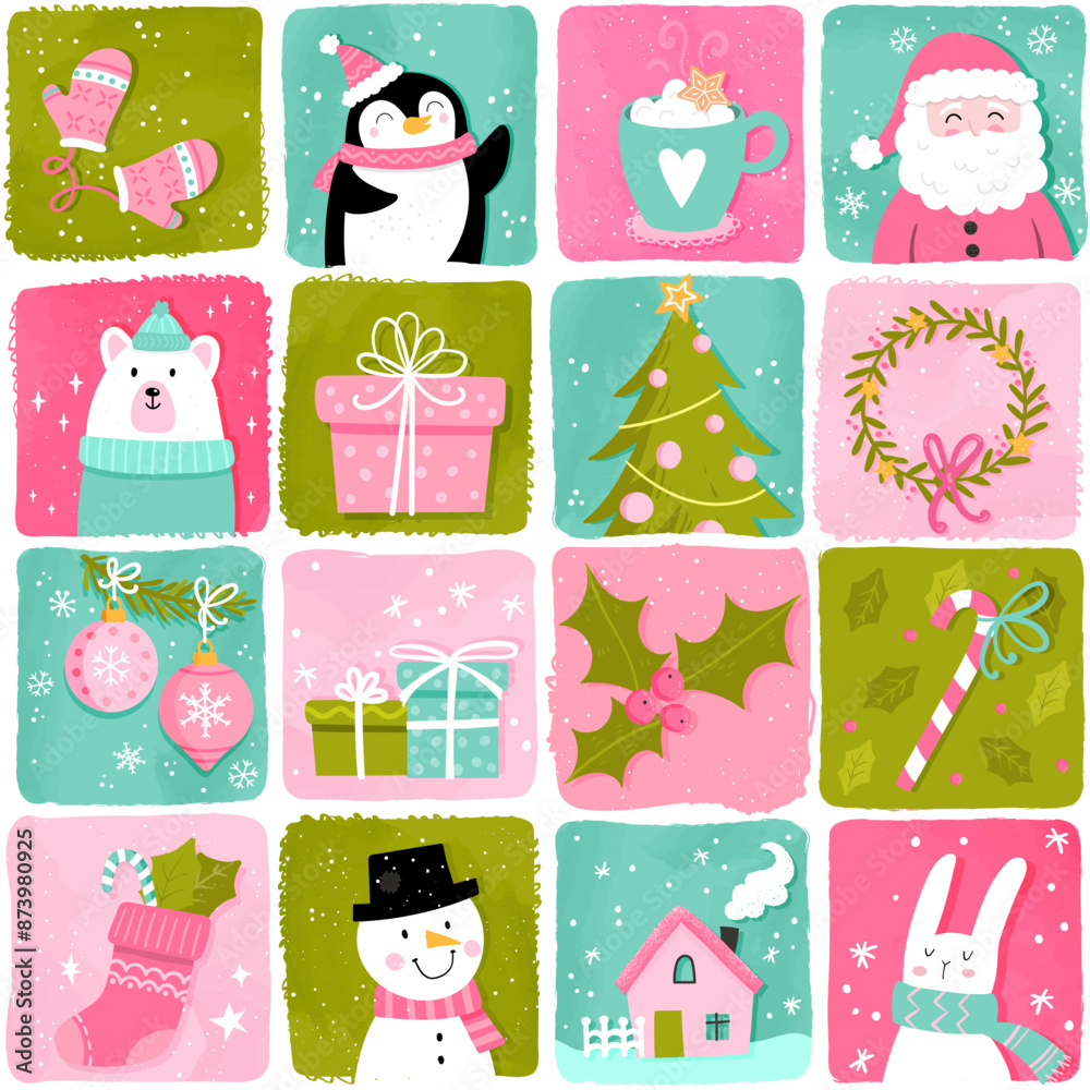 Lovely christmas seamless pattern, cute characters and decoration, great for wrapping paper, textiles, banners, wallpapers - vector design Lovely christmas seamless pattern, cute characters and decoration, great for wrapping paper, textiles, banners, wallpapers - vector design
