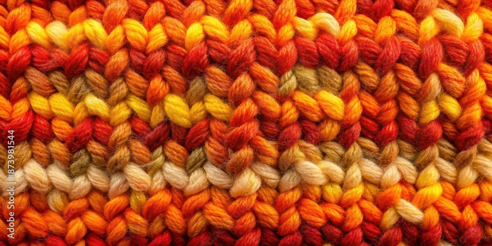 Fototapeta premium Close up of a knitted woolen background in warm colors , wool, knit, fabric, texture, close up, soft, cozy, yarn, handmade