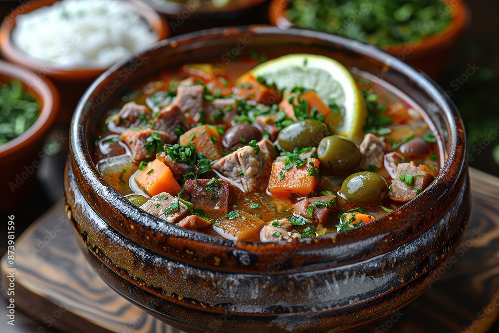 A bowl of solyanka, a hearty soup with a variety of meats, olives, pickles, and a slice of lemon on top. A bowl of solyanka, a hearty soup with a variety of meats, olives, pickles, and a slice of lemon on top.