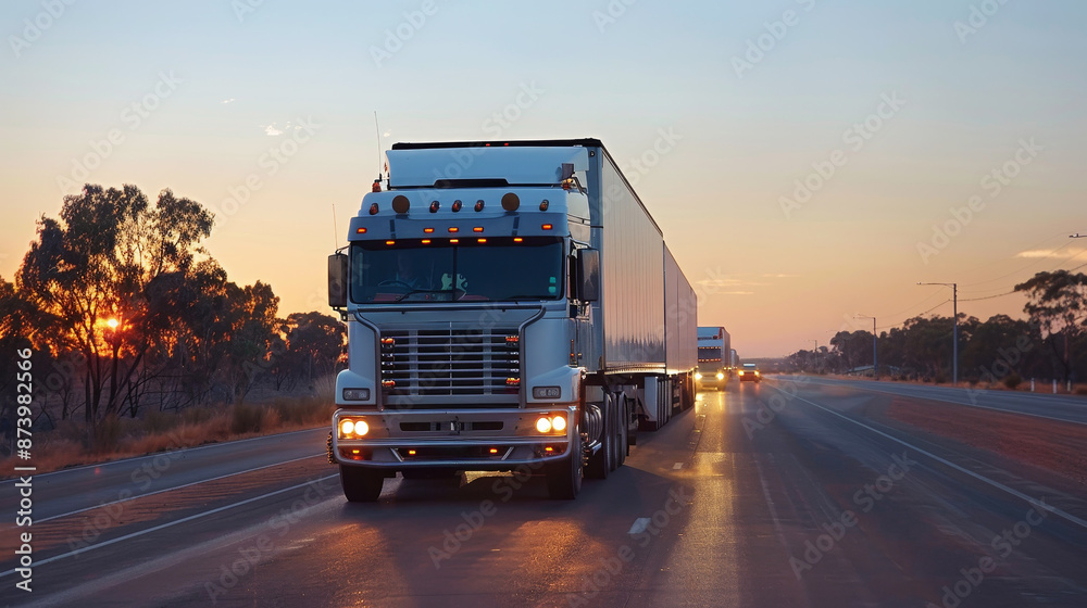 Large truck driving on rural road at sunset followed by cars on a ...