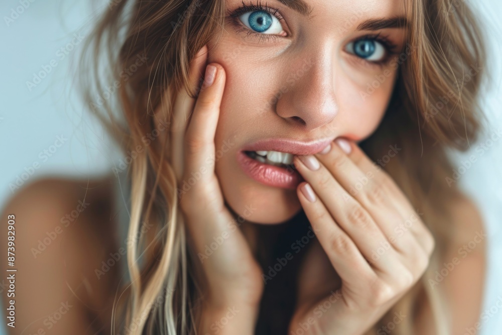 Biting Nails: Close-up Portrait of Anxious Caucasian Female with Beautiful Nails Biting Nails: Close-up Portrait of Anxious Caucasian Female with Beautiful Nails