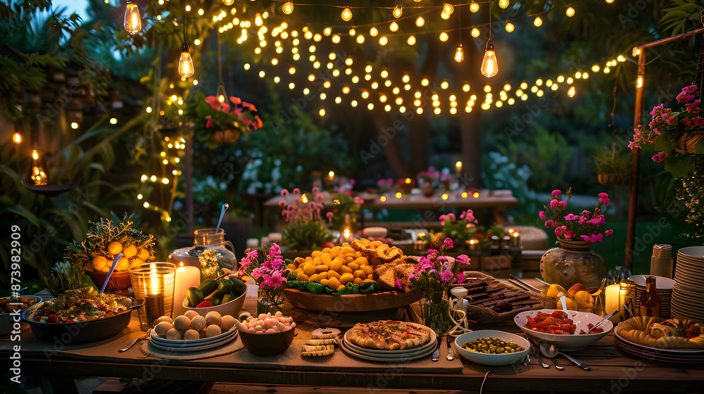 A vibrant garden party setting with friends and family gathered around a table laden with food. Include decorations like string lights, flowers, and a festive atmosphere. A vibrant garden party setting with friends and family gathered around a table laden with food. Include decorations like string lights, flowers, and a festive atmosphere.