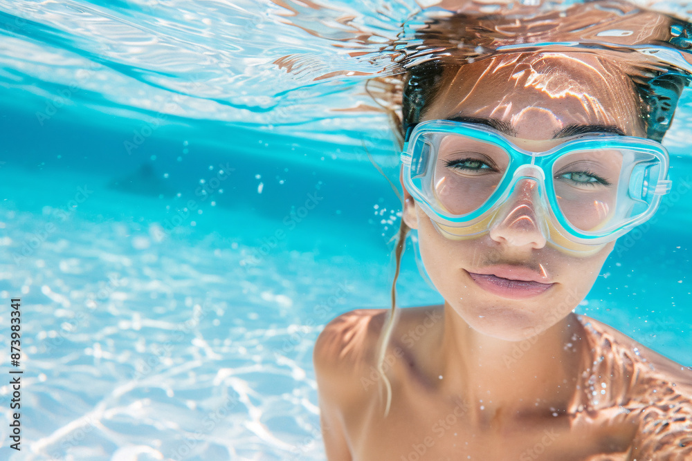 Fototapeta premium Young woman swimming underwater in the sea at the day time. Healthy lifestyle concept
