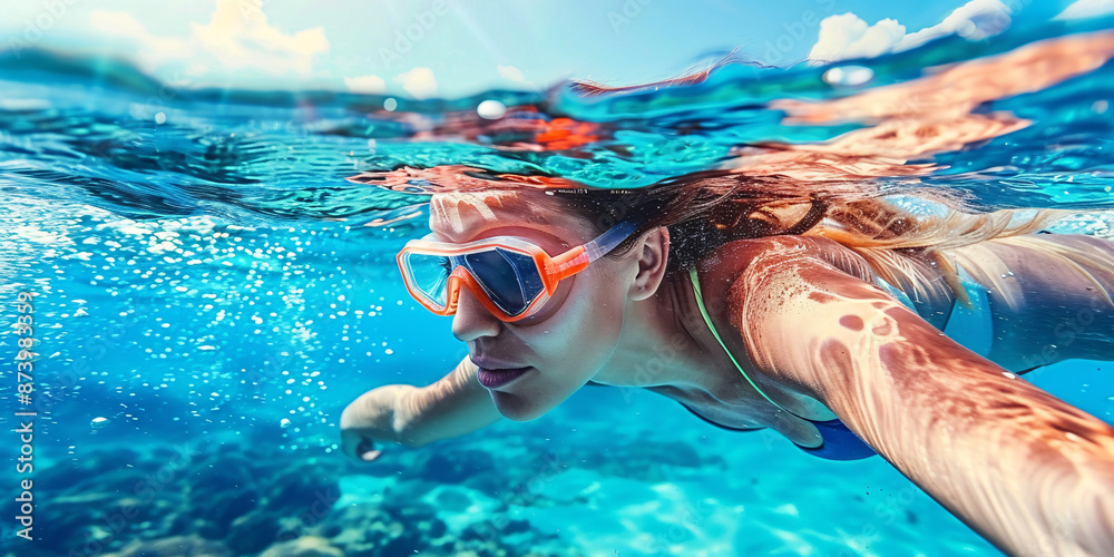 Naklejka premium Young woman swimming underwater in the sea at the day time. Healthy lifestyle concept