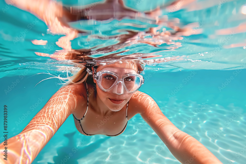 Fototapeta premium Young woman swimming underwater in the sea at the day time. Healthy lifestyle concept
