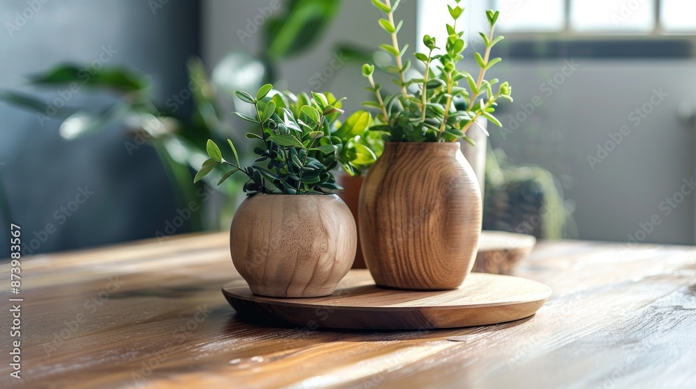 Wooden vases with green plants on a wooden table Wooden vases with green plants on a wooden table