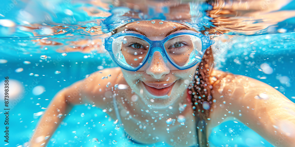 Naklejka premium Woman swimmer in goggles swimming in pool with splashes of water.
