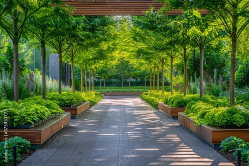 Brick Path Through A City Park With Wooden Benches