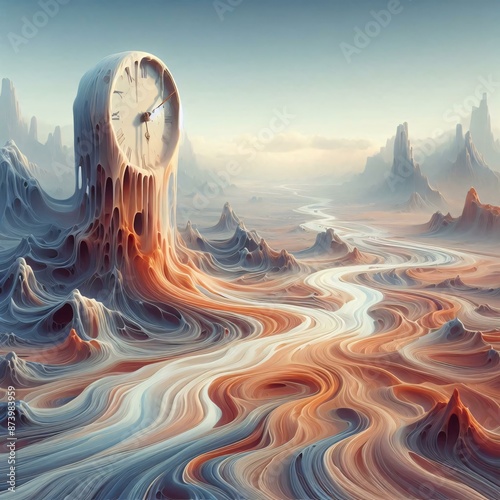 Surreal Landscape with Melting Clocks Dripping into a River