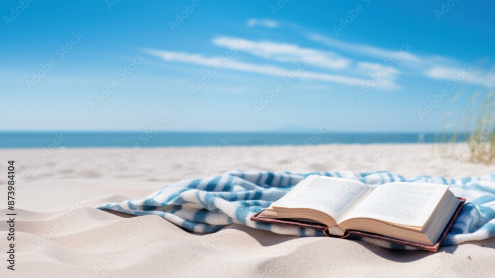 Book on the picnic blanket in beach white sand. Book on the picnic blanket in beach white sand.