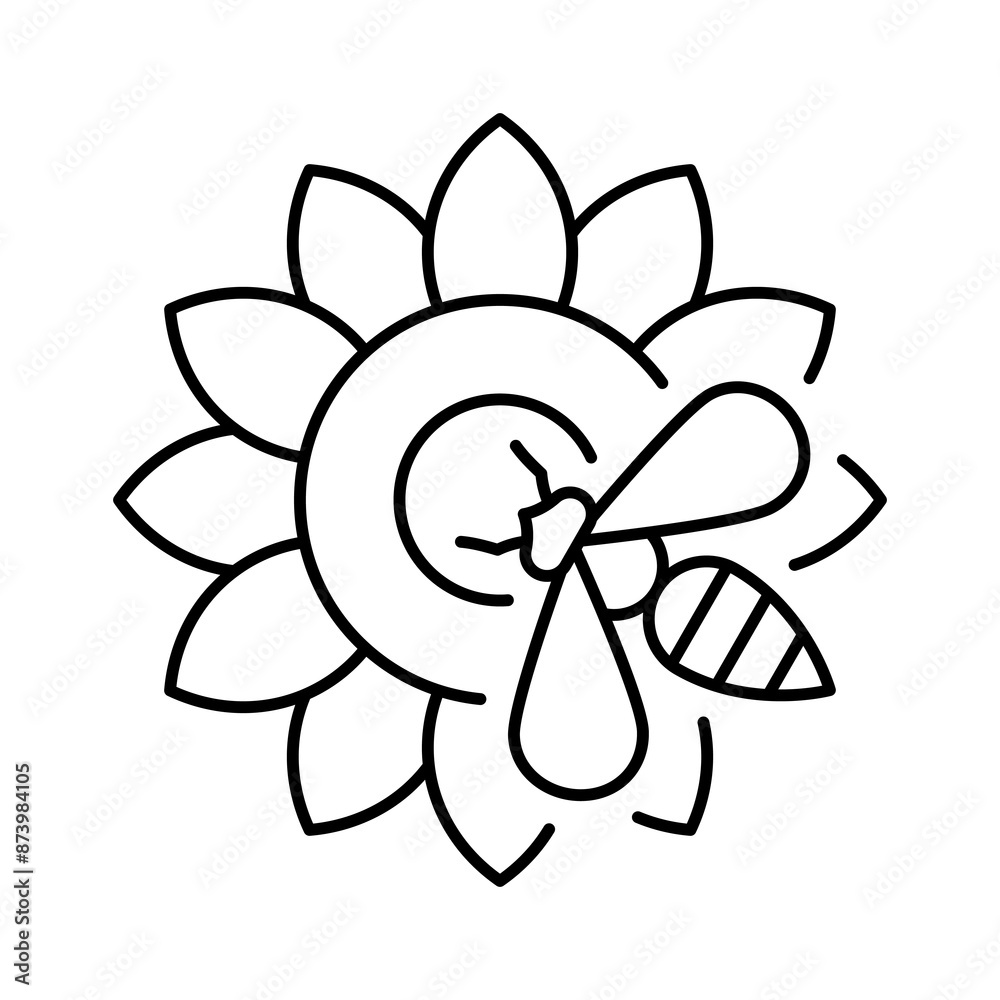 Honey bee on flower, line icon. A worker bee collects pollen on a sunflower. Honey production, beekeeping, apiculture concept. Linear illustration, editable strokes, minimalist symbol Honey bee on flower, line icon. A worker bee collects pollen on a sunflower. Honey production, beekeeping, apiculture concept. Linear illustration, editable strokes, minimalist symbol