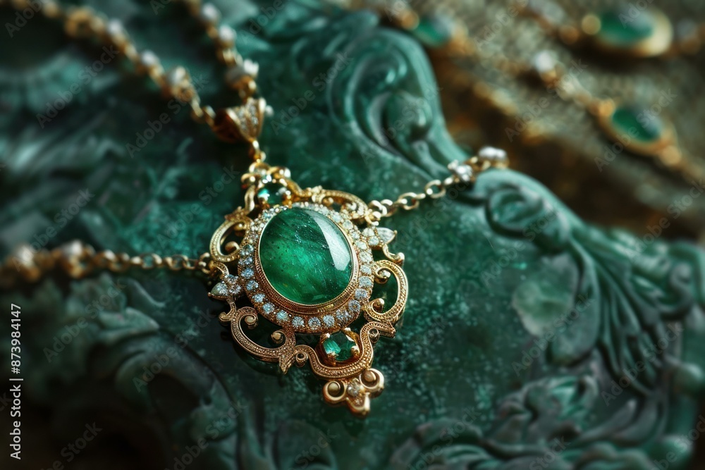 Closeup of an antique emerald jewel necklace on a lush carved jade pattern