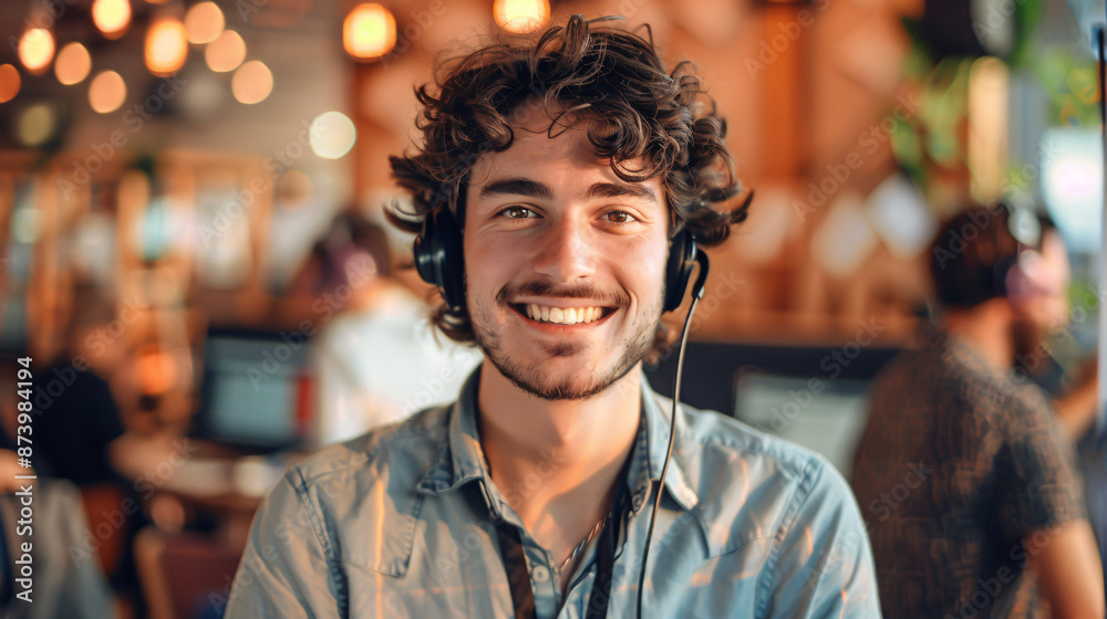 Obraz premium Portrait of a call center worker accompanied by his team, featuring a smiling customer support operator at work.