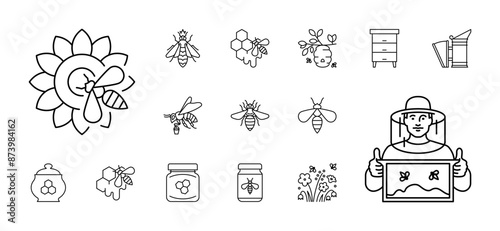 Beekeeping, icon set - queen bee, a worker bee, hive, comb, sunflower, flowers, field. Honey production, beekeeping, apiculture concept. Linear illustration, editable strokes, minimalist symbol