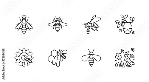 Honey bee icon set - queen bee, a worker bee, hive, comb, sunflower, flowers, field. Honey production, beekeeping, apiculture concept. Linear illustration, editable strokes, minimalist symbol