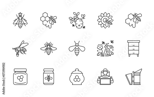 Honey production and beekeeping related icons - queen and worker bee, hive, comb, sunflower, beekeeper, flowers, apiary. Apiculture concept. Linear illustration, editable strokes, minimalist symbol