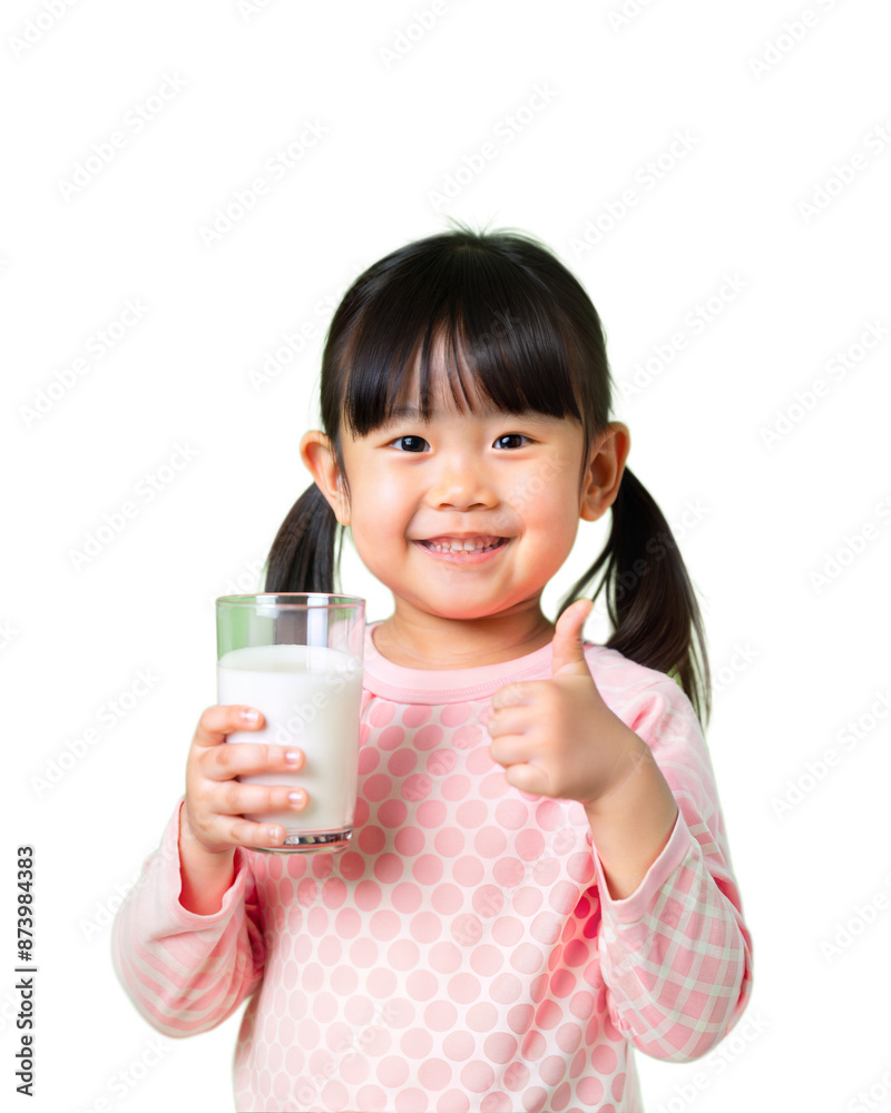 Portrait of standing lovely girl happy and drinking milk and thumb up isolated on transparent background, PNG file format. Portrait of standing lovely girl happy and drinking milk and thumb up isolated on transparent background, PNG file format.