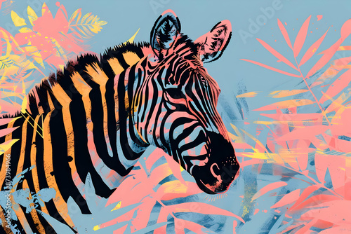 Zebra in Tropical Leaves Illustration photo